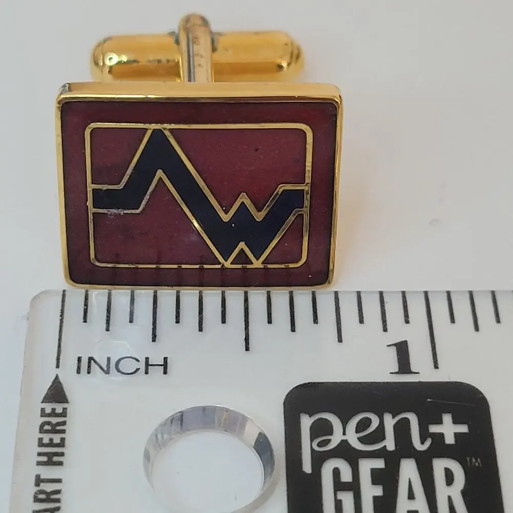 Mario Valentino MV Gold Red Black Tone Rectangle Logo Cufflinks Designer Vintage